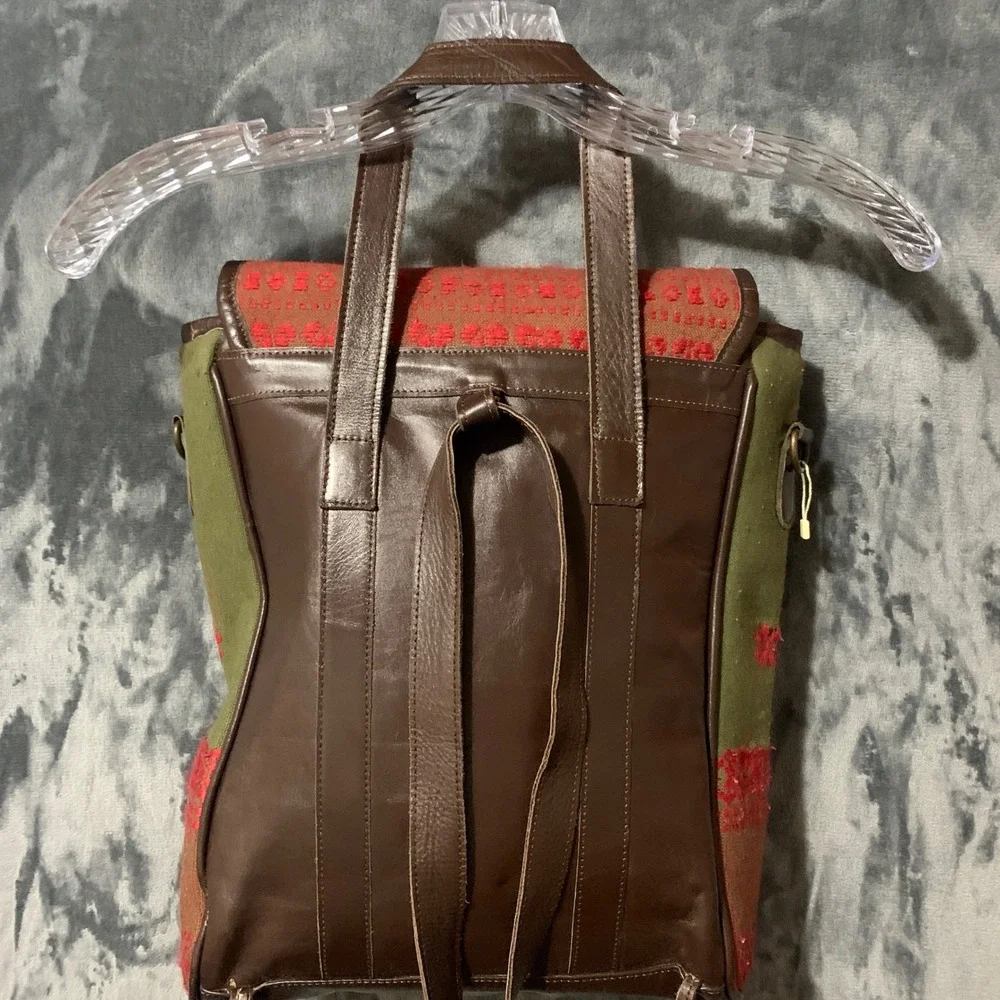 Backpack Womens Tribal Woven Fabric Leather Green Red Boho Embroidered